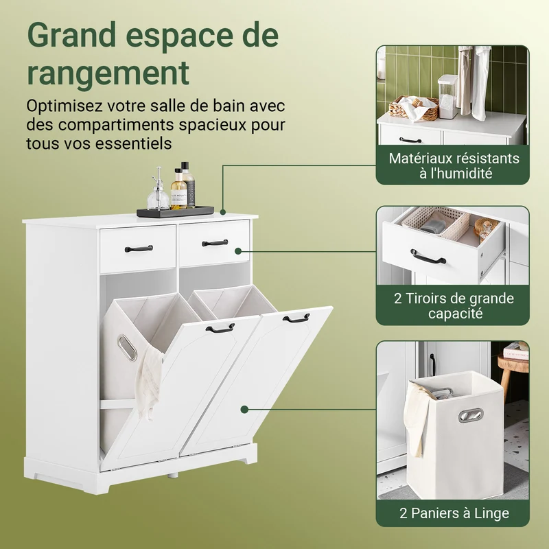 SoBuy BZR208-W Meuble Salle de Bain avec Panier à Linge, 2 Paniers et Tiroirs, pour Salle de Bain et WC, Rangement Optimisé – L79,5×P38×H90 cm, Bois, Blanc