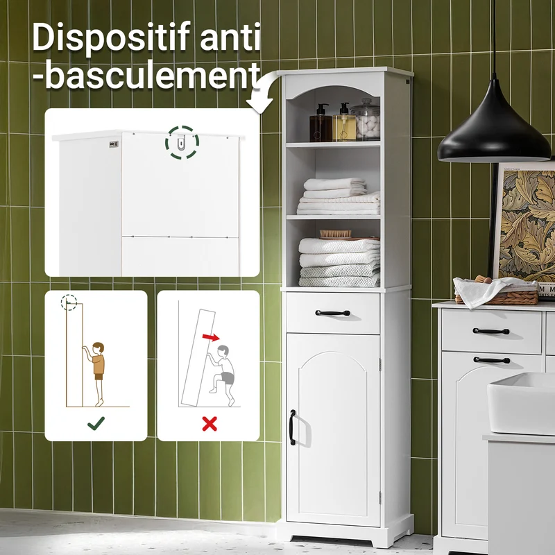 SoBuy BZR206-W Colonne Salle de Bain avec Tiroir et Étagères Réglables, Gain de Place, pour Salle de Bain et WC, Usage Quotidien – L42×P30×H173 cm, Bois, Blanc