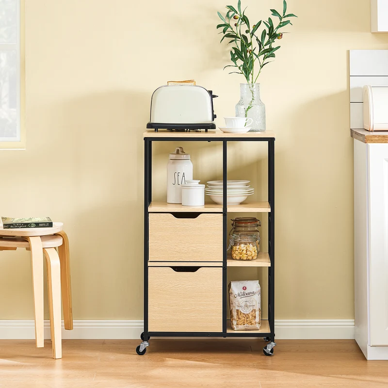 SoBuy FKW111-N Desserte de Cuisine avec 2 Tiroirs, 3 Étagères et 4 Roulettes 360° – L53×P37×H89 cm, PB et Acier, Noir et Naturel