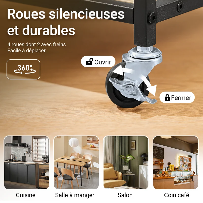 SoBuy FKW111-N Desserte de Cuisine avec 2 Tiroirs, 3 Étagères et 4 Roulettes 360° – L53×P37×H89 cm, PB et Acier, Noir et Naturel