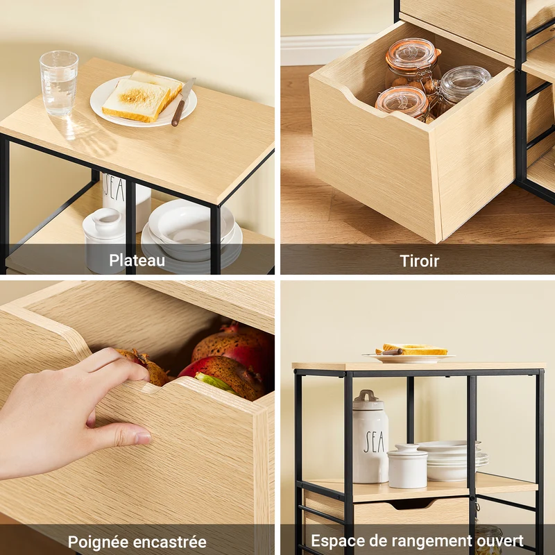 SoBuy FKW111-N Desserte de Cuisine avec 2 Tiroirs, 3 Étagères et 4 Roulettes 360° – L53×P37×H89 cm, PB et Acier, Noir et Naturel