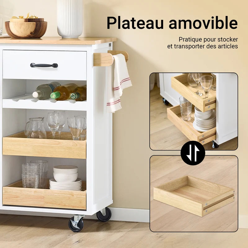 SoBuy FKW131-WN Desserte Cuisine avec Roues, pour Cuisine et Salle à Manger, Rangement Optimisé, Design Fonctionnel – L92×P42×H87 cm, Bois d’Hévéa, Blanc