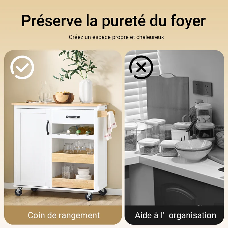 SoBuy FKW131-WN Desserte Cuisine avec Roues, pour Cuisine et Salle à Manger, Rangement Optimisé, Design Fonctionnel – L92×P42×H87 cm, Bois d’Hévéa, Blanc