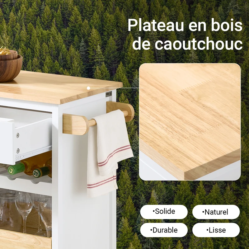 SoBuy FKW131-WN Desserte Cuisine avec Roues, pour Cuisine et Salle à Manger, Rangement Optimisé, Design Fonctionnel – L92×P42×H87 cm, Bois d’Hévéa, Blanc