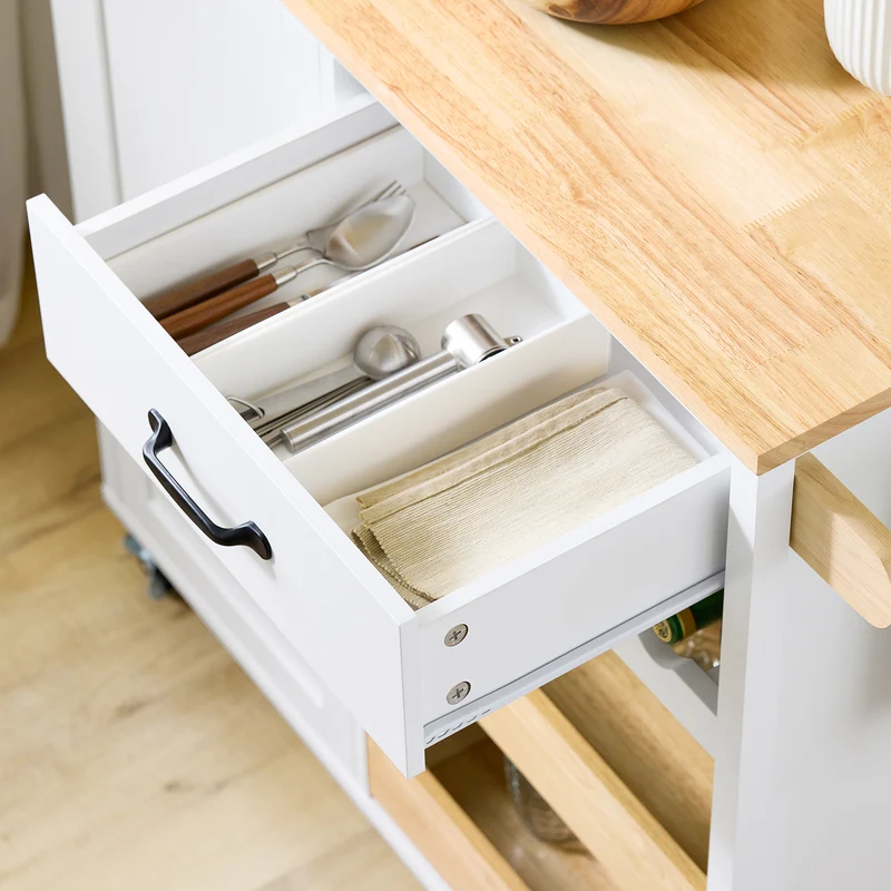 SoBuy FKW131-WN Desserte Cuisine avec Roues, pour Cuisine et Salle à Manger, Rangement Optimisé, Design Fonctionnel – L92×P42×H87 cm, Bois d’Hévéa, Blanc