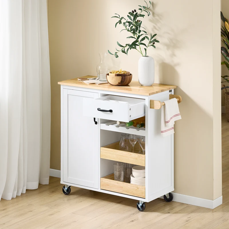 SoBuy FKW131-WN Desserte Cuisine avec Roues, pour Cuisine et Salle à Manger, Rangement Optimisé, Design Fonctionnel – L92×P42×H87 cm, Bois d’Hévéa, Blanc