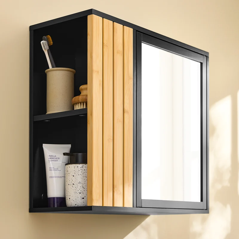 SoBuy BZR204-SCH Armoire Murale Salle de Bain avec Miroir, pour Salle de Bain et WC, Rangement Optimisé, Design Fonctionnel – L50×P20×H45 cm, MDF, Noir