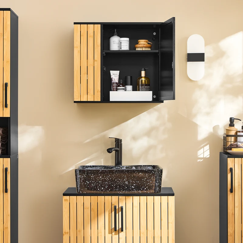 SoBuy BZR204-SCH Armoire Murale Salle de Bain avec Miroir, pour Salle de Bain et WC, Rangement Optimisé, Design Fonctionnel – L50×P20×H45 cm, MDF, Noir