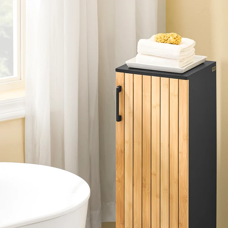 SoBuy BZR203-SCH Meuble Salle de Bain avec Porte Bambou, Gain de Place, Design Moderne, pour Salle de Bain et WC, Usage Quotidien – L30×P30×H90 cm, Bambou, Noir