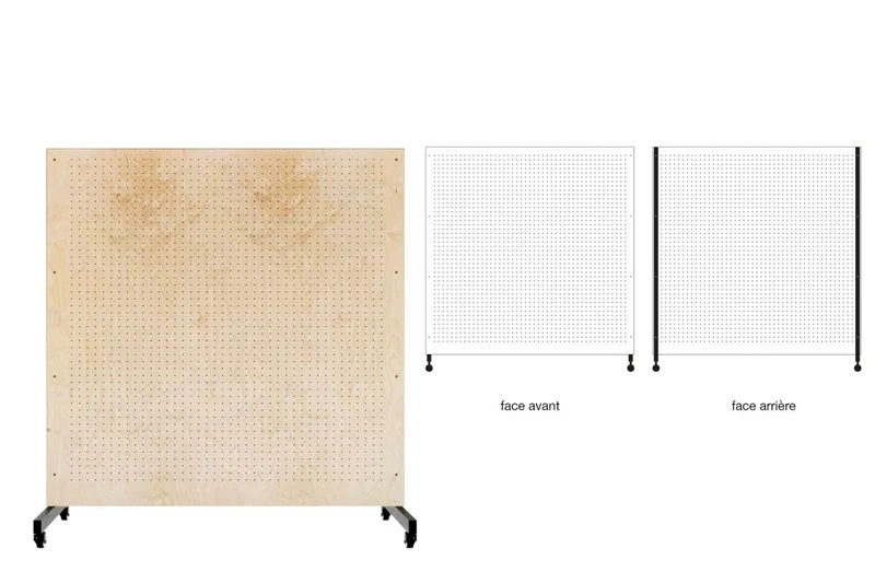 Pegboard mobile sur roulettes – panneau perforé autoportant double face