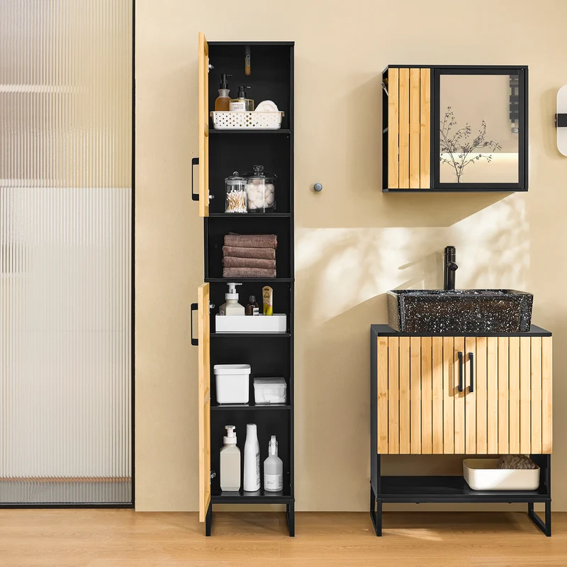 SoBuy BZR201-SCH Colonne Salle de Bain avec Étagères Réglables, Résistant à l’Humidité, pour Salle de Bain et WC, Rangement Optimisé, Design Fonctionnel – Noir
