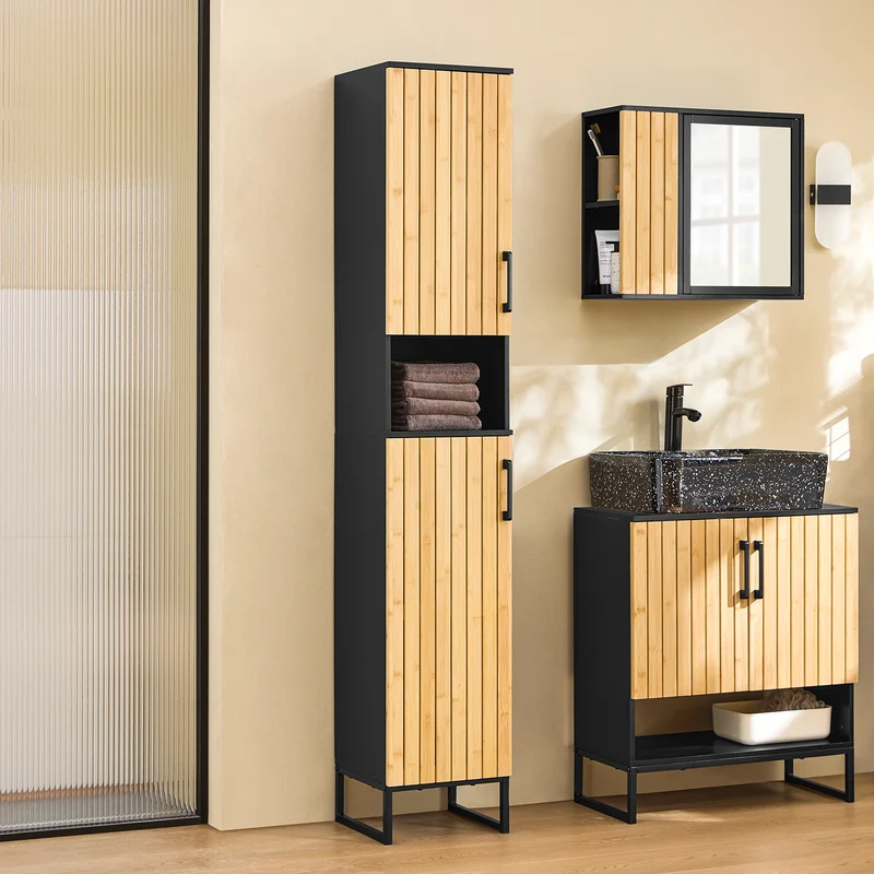 SoBuy BZR201-SCH Colonne Salle de Bain avec Étagères Réglables, Résistant à l’Humidité, pour Salle de Bain et WC, Rangement Optimisé, Design Fonctionnel – Noir