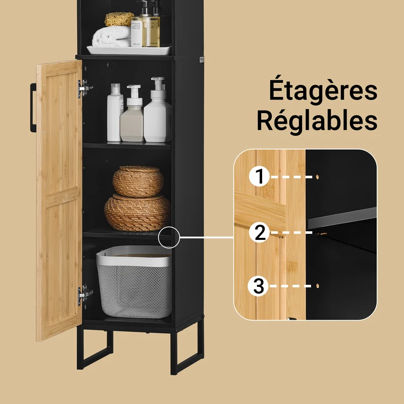 SoBuy BZR201-SCH Colonne Salle de Bain avec Étagères Réglables, Résistant à l’Humidité, pour Salle de Bain et WC, Rangement Optimisé, Design Fonctionnel – Noir
