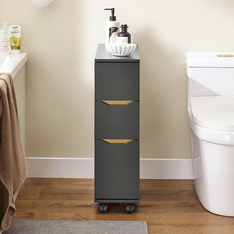 SoBuy BZR191-DG Meuble de Rangement Salle de Bain Étroit sur roulettes, Support Papier Toilette avec roulettes, Armoire Toilettes WC Compact, 3 Tiroirs
