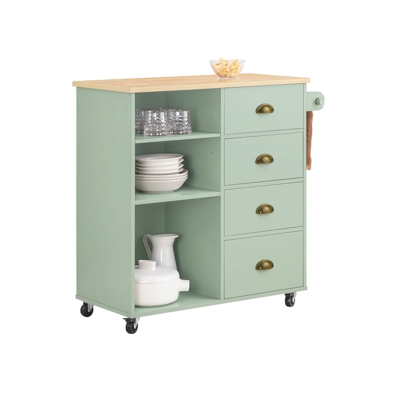 SoBuy FKW127-GR Chariot de Cuisine avec 3 Compartiments et 4 Tiroirs Service Table d’Appoint Chariot à roulettes Vert 90x40x88cm