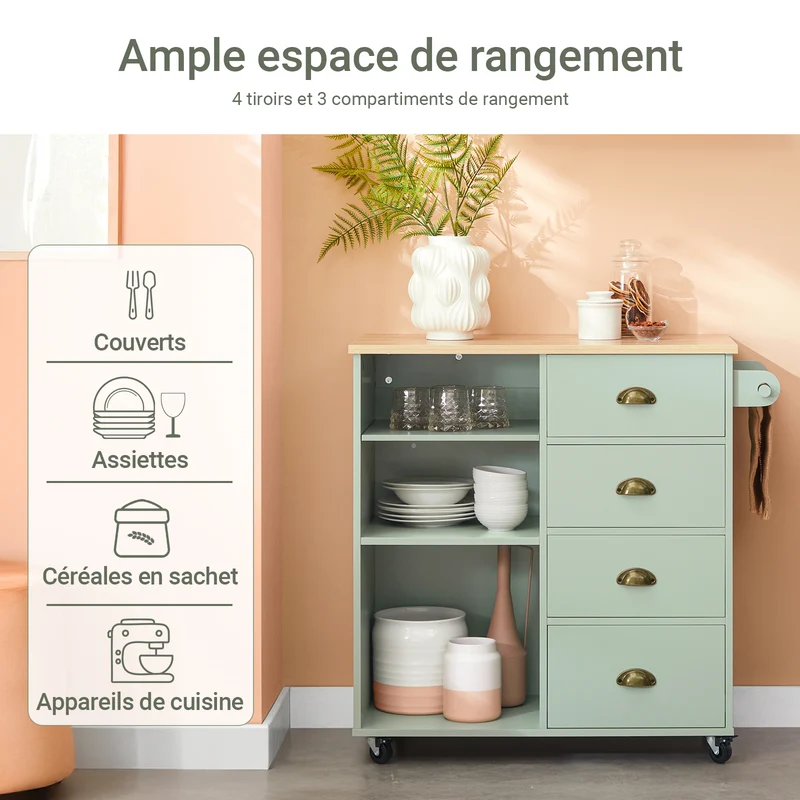 SoBuy FKW127-GR Chariot de Cuisine avec 3 Compartiments et 4 Tiroirs Service Table d’Appoint Chariot à roulettes Vert 90x40x88cm