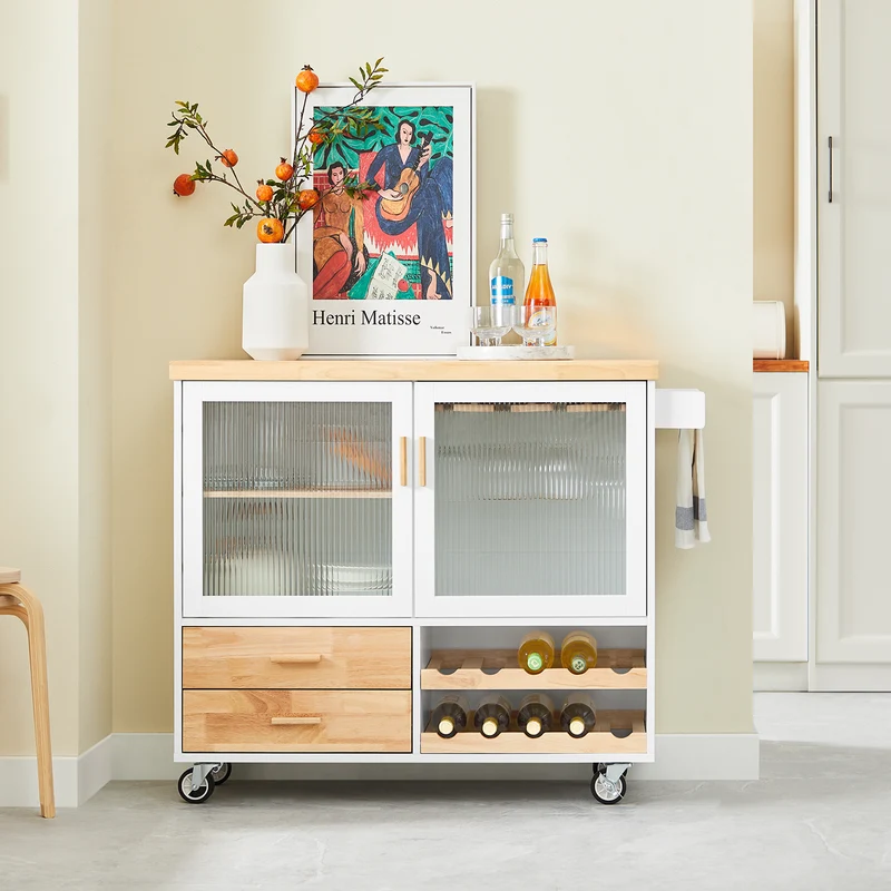 SoBuy FKW114-WN Îlot Central de Cuisine Buffet avec Plateau en Bois d'Hévéa, Porte-Bouteilles à 2 Niveaux