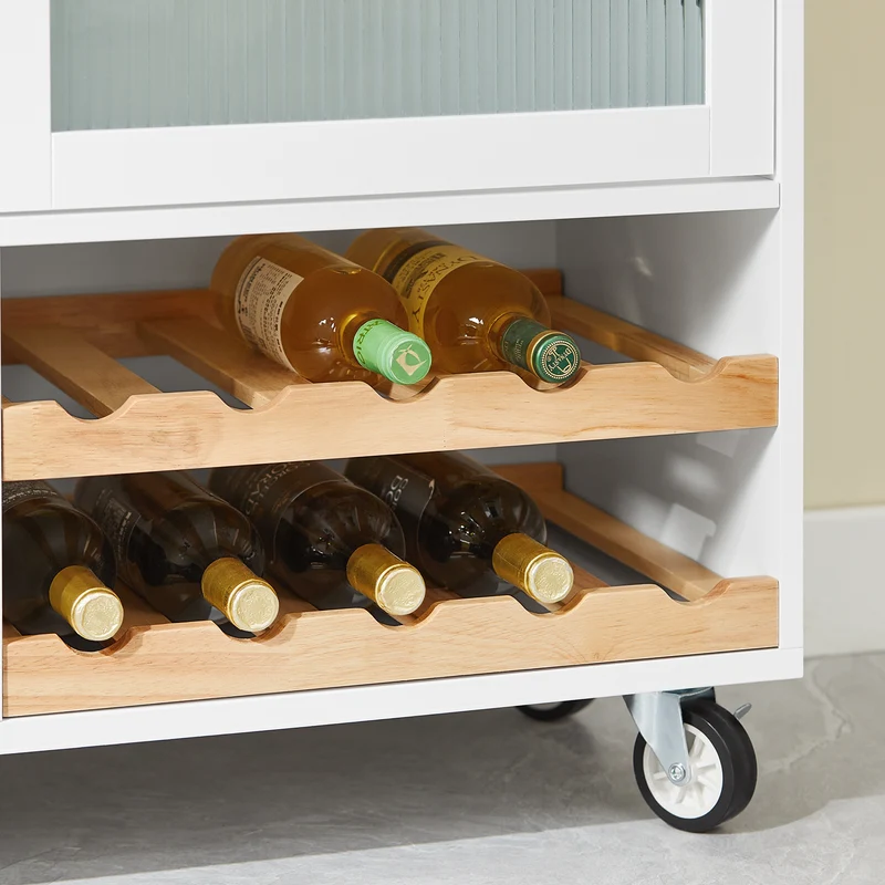 SoBuy FKW114-WN Îlot Central de Cuisine Buffet avec Plateau en Bois d'Hévéa, Porte-Bouteilles à 2 Niveaux