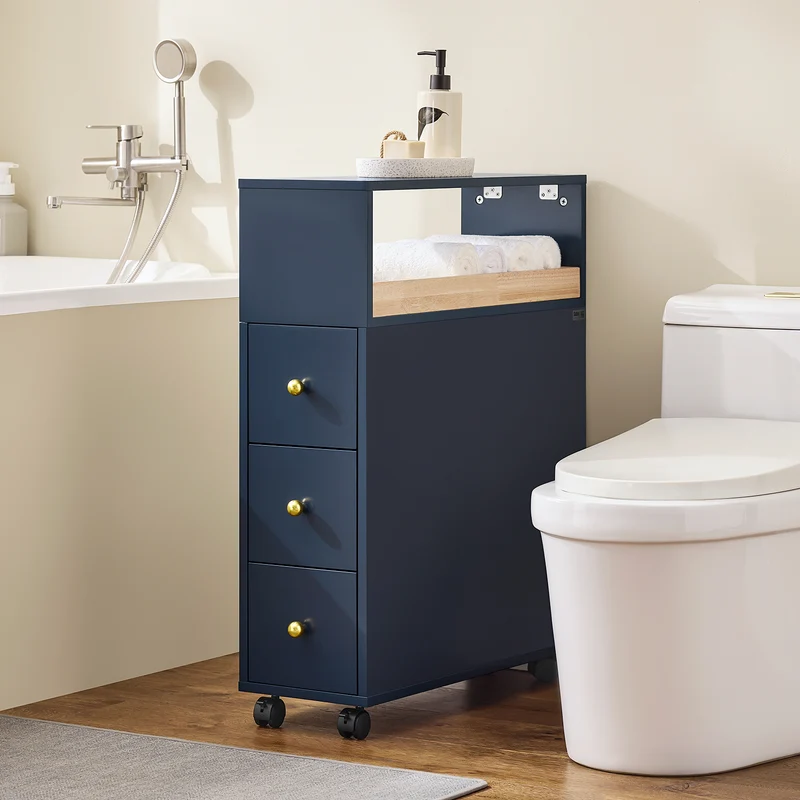 SoBuy BZR195-B Meuble de Rangement Salle de Bain Étroit sur roulettes, Support Papier Toilette, Armoire Toilettes WC Compact, 1 Plateau Amovible et 3 Tiroirs
