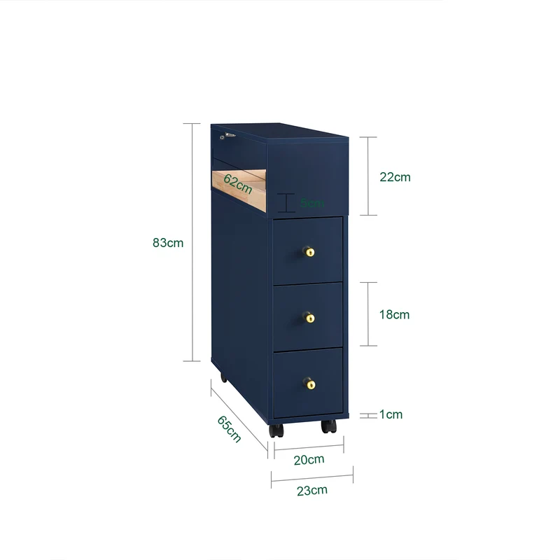 SoBuy BZR195-B Meuble de Rangement Salle de Bain Étroit sur roulettes, Support Papier Toilette, Armoire Toilettes WC Compact, 1 Plateau Amovible et 3 Tiroirs
