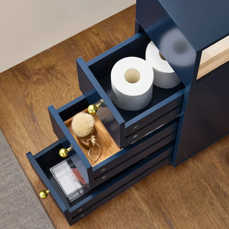 SoBuy BZR195-B Meuble de Rangement Salle de Bain Étroit sur roulettes, Support Papier Toilette, Armoire Toilettes WC Compact, 1 Plateau Amovible et 3 Tiroirs