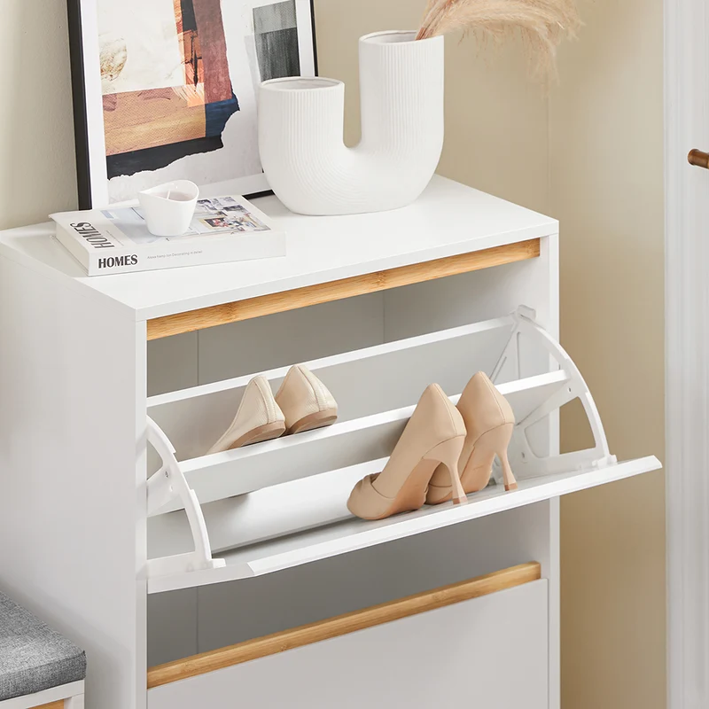 SoBuy FSR193-WN Meuble à Chaussures à Abattants 2 Niveaux – Rangement Familial pour Entrée – 60x34x91 cm Blanc et Bois