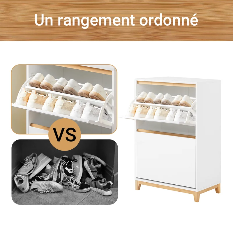 SoBuy FSR193-WN Meuble à Chaussures à Abattants 2 Niveaux – Rangement Familial pour Entrée – 60x34x91 cm Blanc et Bois