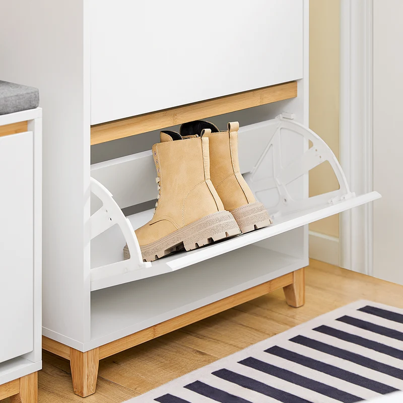 SoBuy FSR192-WN Armoire à Chaussures 3 Abattants, Rangement pour Entrée Couloir – 60x34x122 cm, Blanc et Naturel