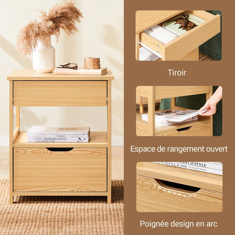 SoBuy FRG258-N Table de Chevet Bout de Canapé avec 2 tiroirs et 1 étagère