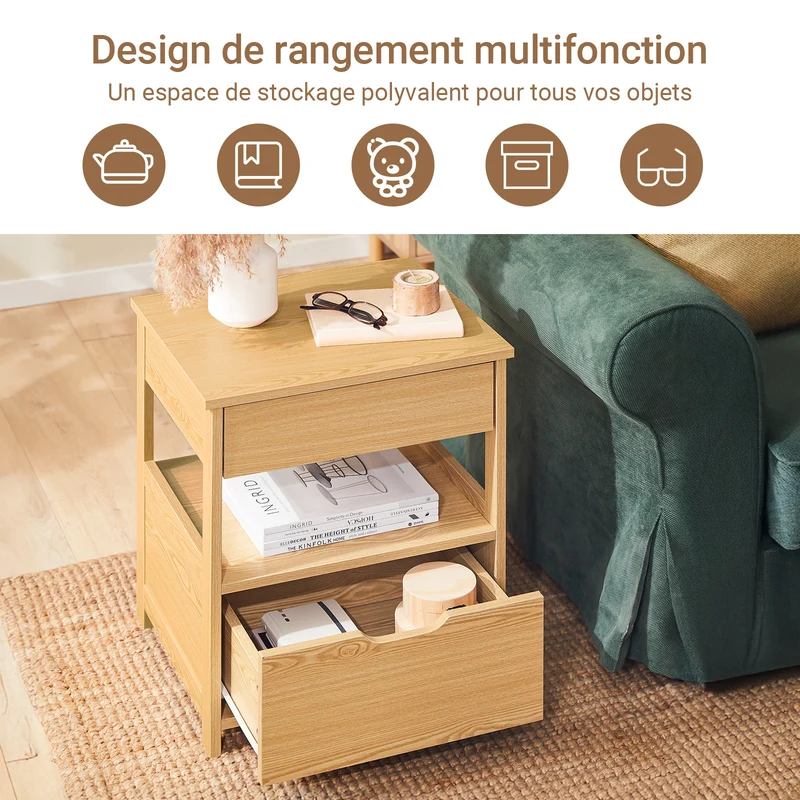 SoBuy FRG258-N Table de Chevet Bout de Canapé avec 2 tiroirs et 1 étagère