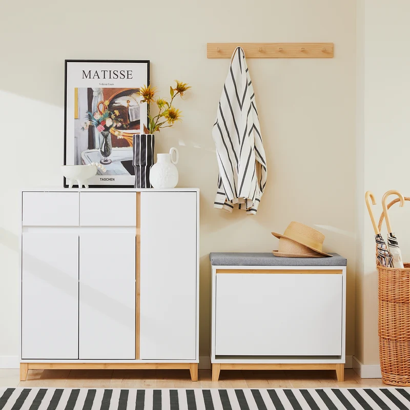 SoBuy FSR190-WN Armoire à Chaussures 3 Portes et 1 Tiroir, Rangement pour Entrée Couloir – 80x34x85 cm, Blanc et Naturel