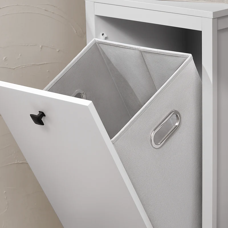 SoBuy BZR96-W Armoire à Linge avec Sac à Linge, Meuble Bas de Salle de Bain, Coffre à Linge, Porte Vêtement