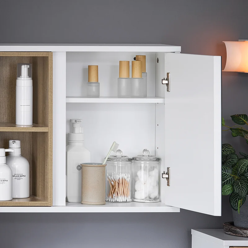 SoBuy BZR149-W Armoire Murale avec Miroir , Placard de Rangement Suspendu, Meuble Haut Salle de Bain avec Porte et 2 Compartiments Ouverts