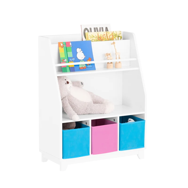 SoBuy KMB34-F Bibliothèque Étagère à Livres Étagère de Rangement Jouets pour Enfants Porte-revues avec Compartiments de Rangement et 3 Paniers 63x28x80 cm