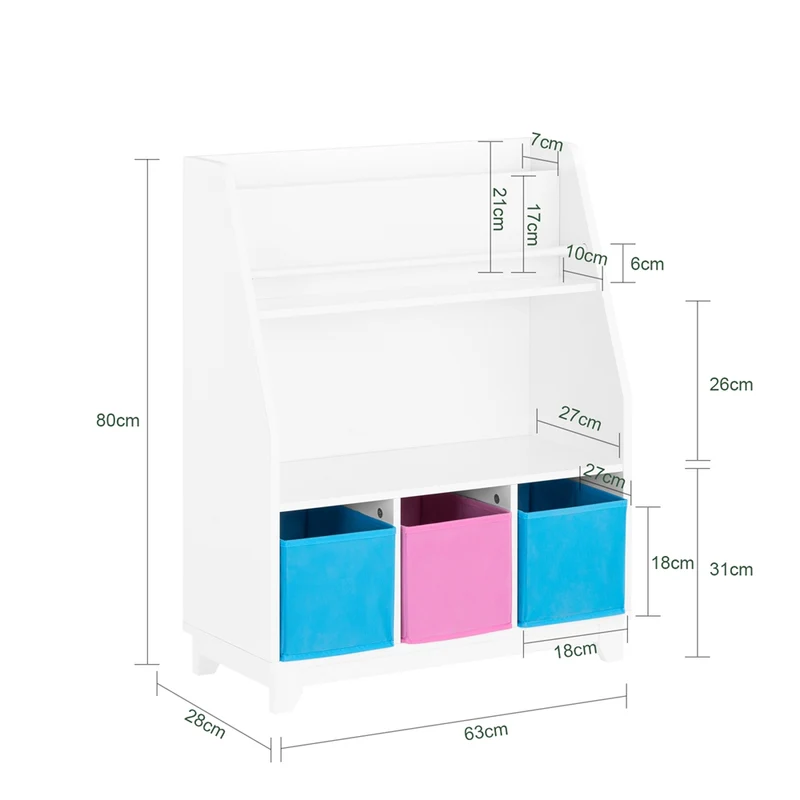 SoBuy KMB34-F Bibliothèque Étagère à Livres Étagère de Rangement Jouets pour Enfants Porte-revues avec Compartiments de Rangement et 3 Paniers 63x28x80 cm