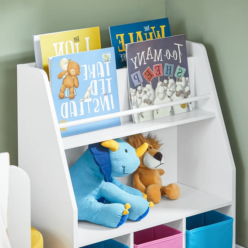 SoBuy KMB34-F Bibliothèque Étagère à Livres Étagère de Rangement Jouets pour Enfants Porte-revues avec Compartiments de Rangement et 3 Paniers 63x28x80 cm