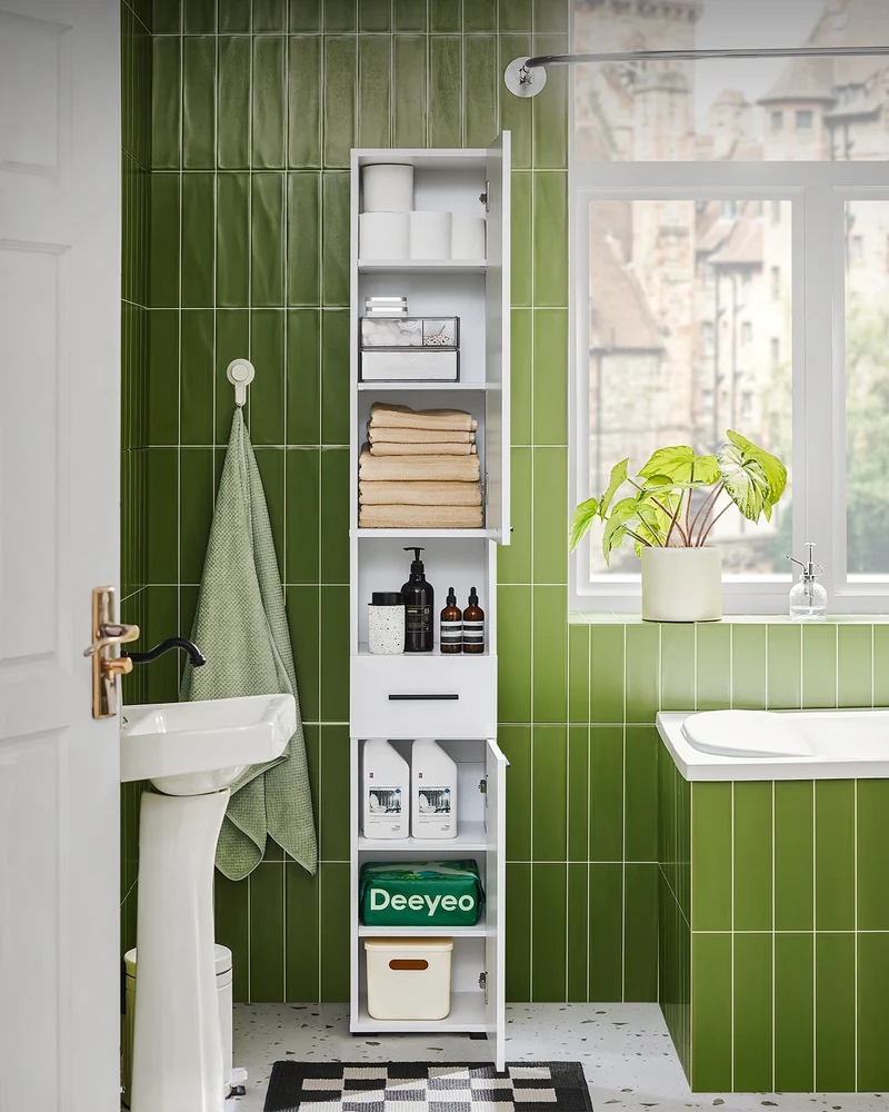 SoBuy BZR166-W Meuble Colonne, Armoire de Rangement Placard de Rangement Étroite, 1 Tiroir, 2 Portes et 2 Étagères Réglables