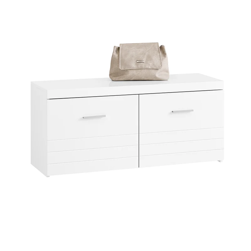 SoBuy FSR178-W Banc à Chaussures avec 2 Portes et Étagères Réglables 3 Hauteurs, Poignées Métal, Charge 227 kg pour Entrée – 100x35x45 cm, Blanc