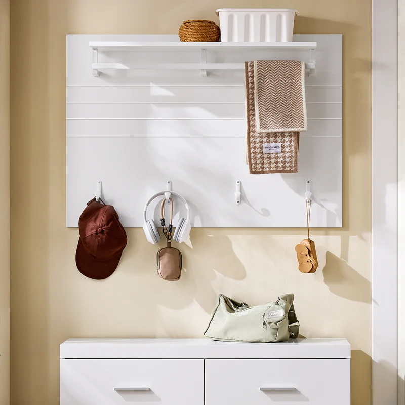 SoBuy FSR178-W Banc à Chaussures avec 2 Portes et Étagères Réglables 3 Hauteurs, Poignées Métal, Charge 227 kg pour Entrée – 100x35x45 cm, Blanc