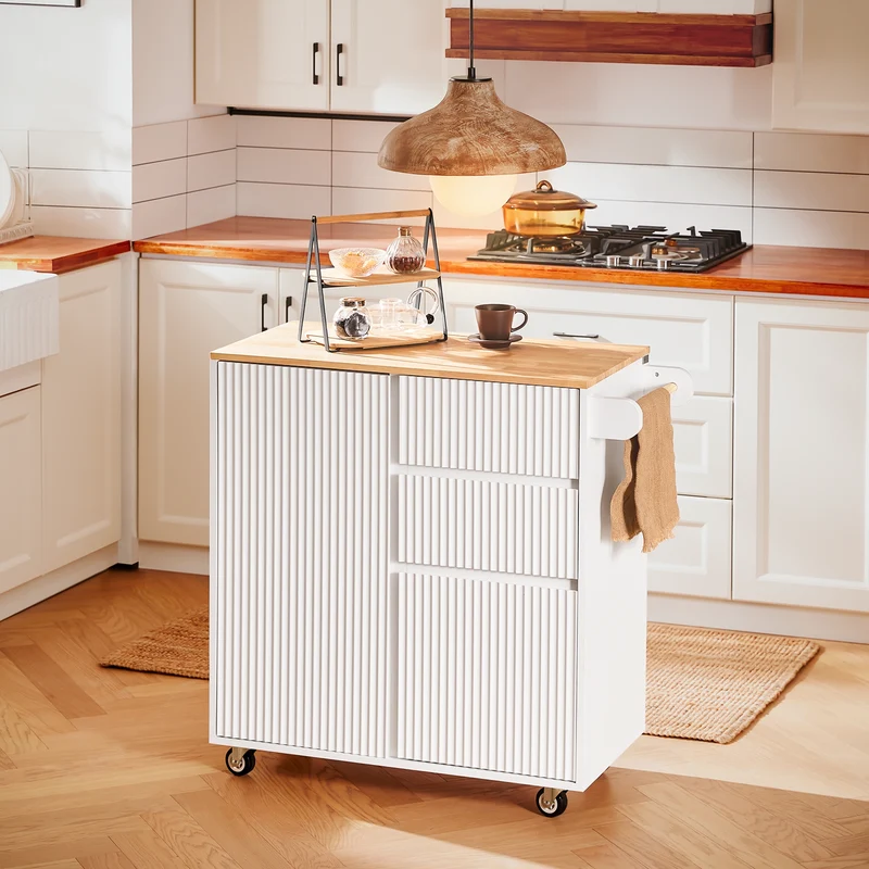 SoBuy FKW124-WN Desserte Cuisine avec Roulettes, Tiroirs et Barre latérale, Mobile, Rangement Optimisé – L90×P40×H90 cm, Bois d’Hévéa, Blanc et Naturel