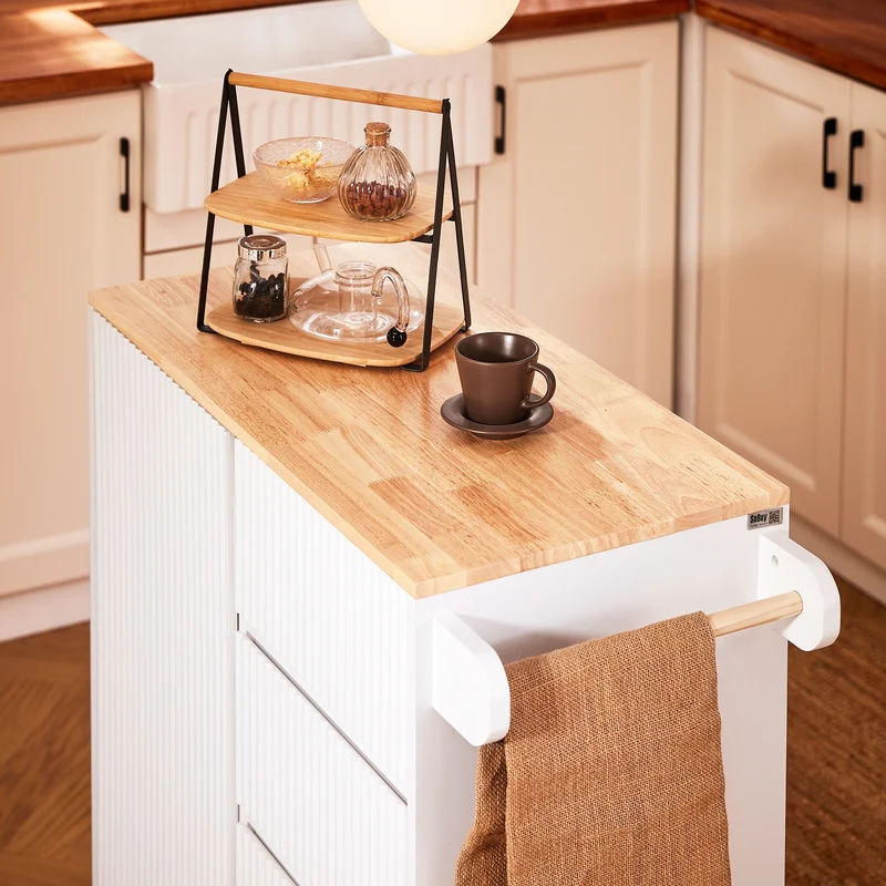 SoBuy FKW124-WN Desserte Cuisine avec Roulettes, Tiroirs et Barre latérale, Mobile, Rangement Optimisé – L90×P40×H90 cm, Bois d’Hévéa, Blanc et Naturel