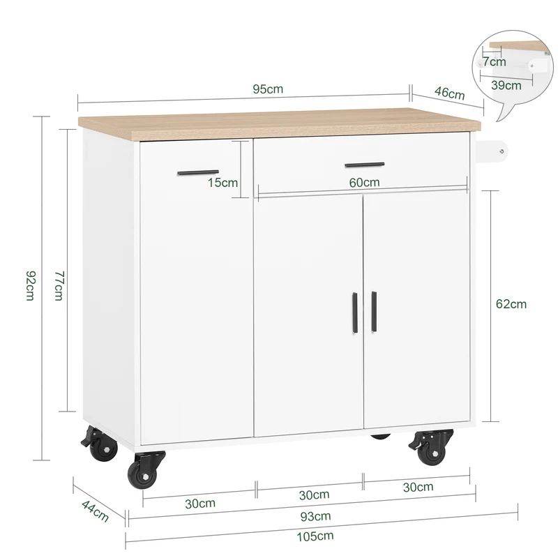 SoBuy FKW126-WN Ìlot de Cuisine sur Roulettes – 2 Tiroirs, 2 Portes, Porte-Torchon, Charge 92 kg – 105×46×92 cm, Blanc