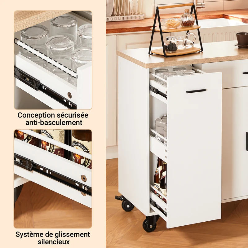 SoBuy FKW126-WN Ìlot de Cuisine sur Roulettes – 2 Tiroirs, 2 Portes, Porte-Torchon, Charge 92 kg – 105×46×92 cm, Blanc