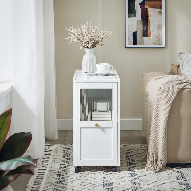 SoBuy FBT150-W Bout de Canapé sur roulettes Table de Chevet Table de Nuit Table d'Appoint avec 1 Tiroir et 2 Portes