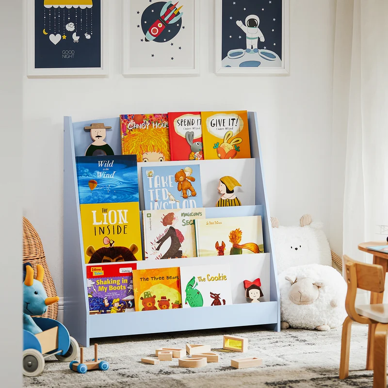 SoBuy KMB32-B Bibliothèque Enfant Rangement Jouet Enfant Bibliotheque Livre 4 Niveaux Étagère à Livres Meuble de Rangement Chambre d'Eanfant Bureau Salon Bleu clair 80x30x88 cm