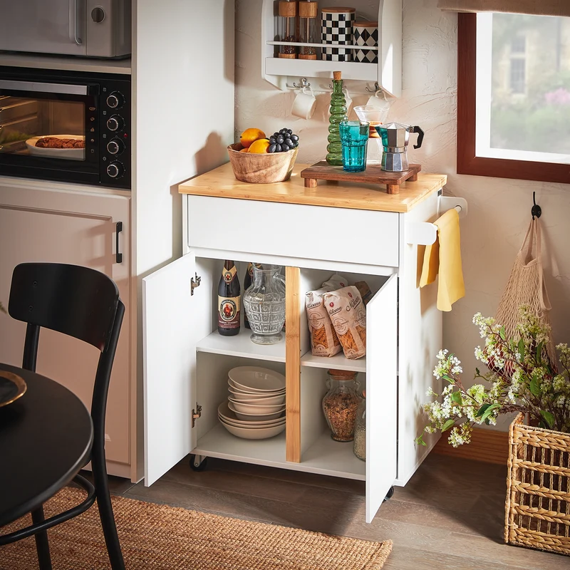 SoBuy FKW125-WN Desserte de Cuisine à roulettes Chariot de Service avec 1 Tiroirs, 2 Portes, 4 étages à l’intérieur