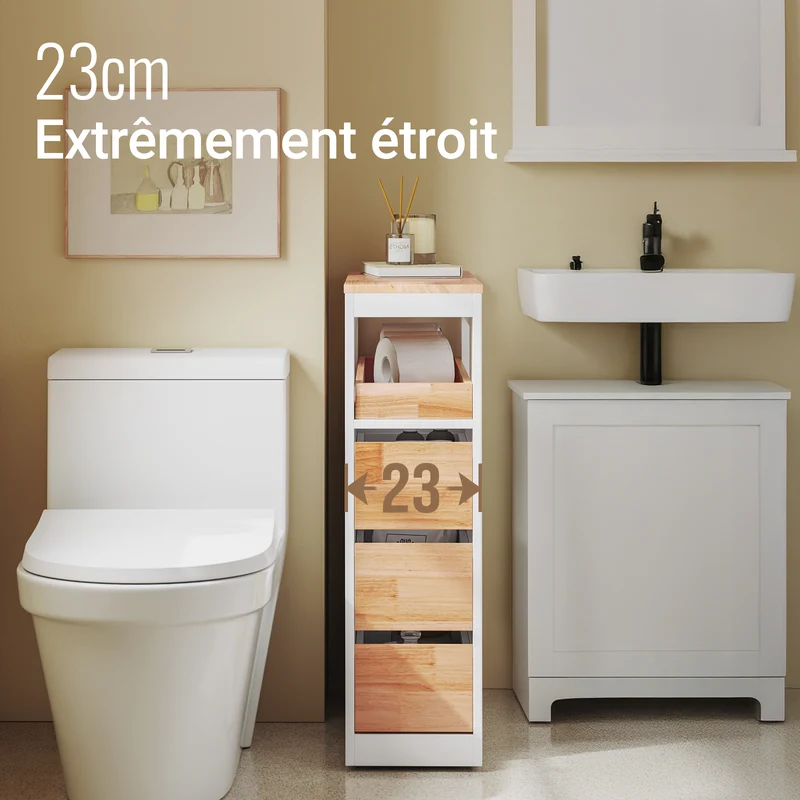 SoBuy BZR54-IV-WN Colonne Salle de Bain avec Roulettes, 3 Tiroirs et Compartiment Arrière Réglable – L65×P23×H82 cm, Charge 40 kg, Blanc et Naturel