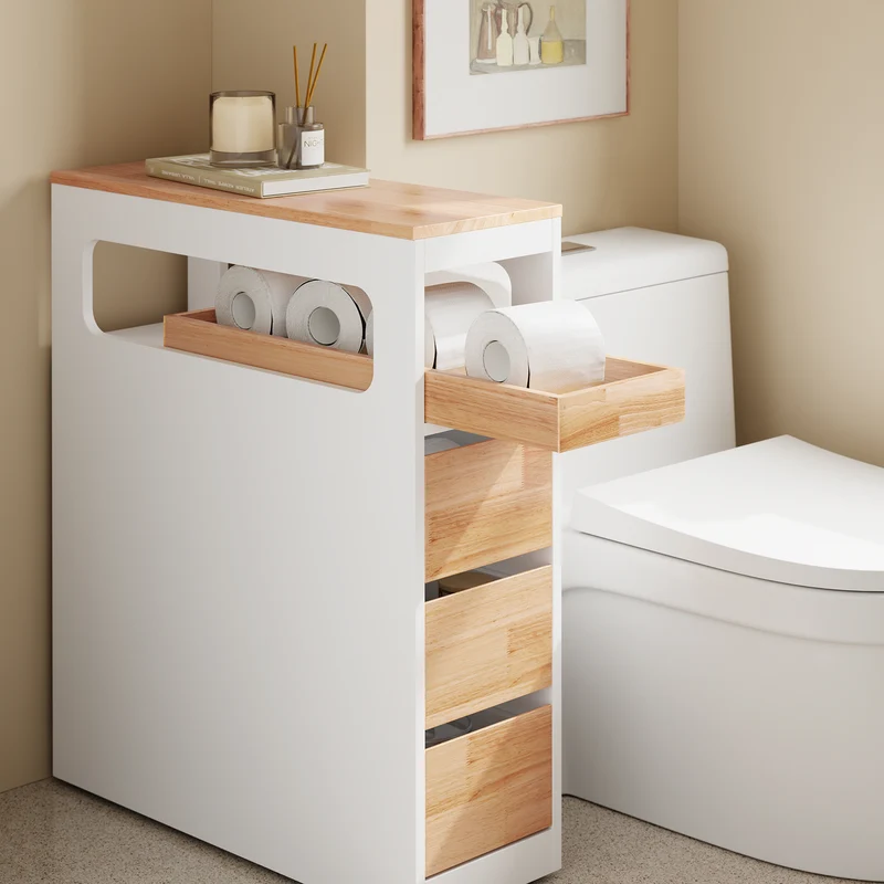SoBuy BZR54-IV-WN Colonne Salle de Bain avec Roulettes, 3 Tiroirs et Compartiment Arrière Réglable – L65×P23×H82 cm, Charge 40 kg, Blanc et Naturel