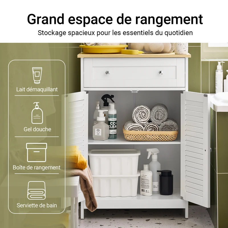 SoBuy FRG238-WN Meuble Bas Salle de Bain avec Étagère Réglable, 1 Tiroir et 2 Portes, pour Salle de Bain et WC, Compact – L60×P35×H87 cm, Blanc et Naturel