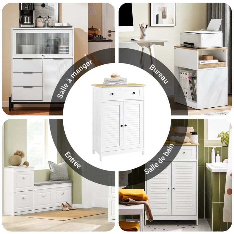 SoBuy FRG238-WN Meuble Bas Salle de Bain avec Étagère Réglable, 1 Tiroir et 2 Portes, pour Salle de Bain et WC, Compact – L60×P35×H87 cm, Blanc et Naturel